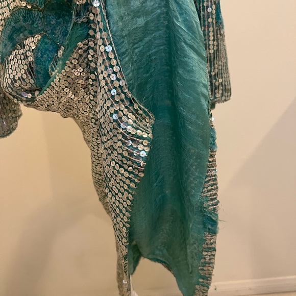 VINTAGE | SEQUIN SILK ART DECO PALM TREE MIAMI TROPICAL SILVER DISCO DRE… - Picture 14 of 15